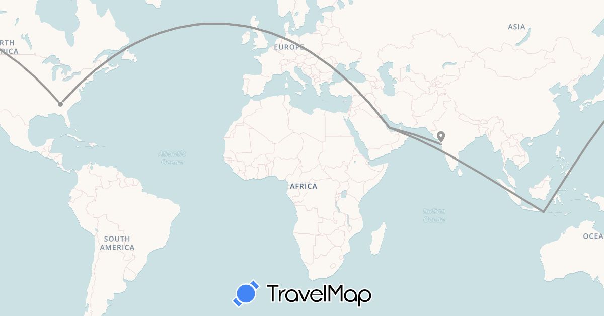 TravelMap itinerary: driving, plane in Indonesia, India, Qatar, United States (Asia, North America)